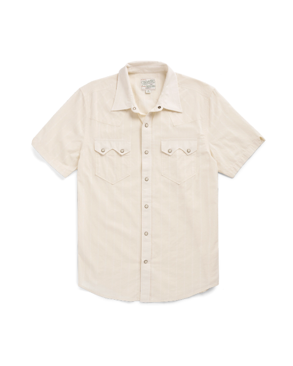 Closeup detail view of Men's Vintage Weight Short Sleeve Pearl Snap - Light Sand/Multi