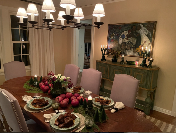 A view of a dining table with dessert on plates.