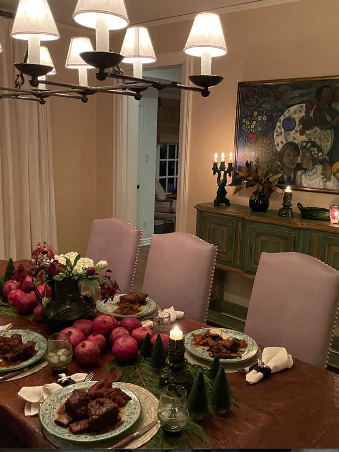 A view of a dining table with dessert on plates.
