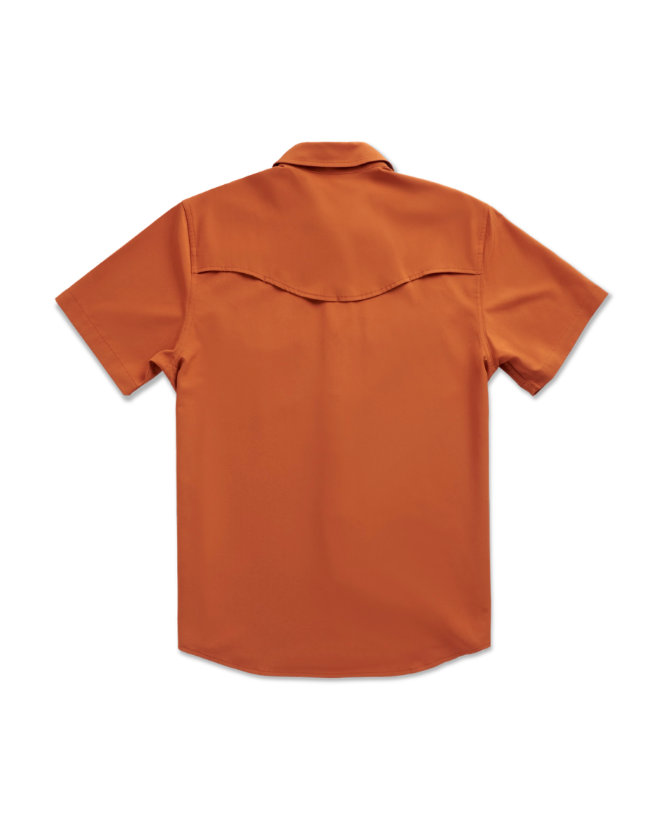 Short-sleeve orange button-up shirt shown from the back, featuring a yoke with a curved seam across the shoulders.
