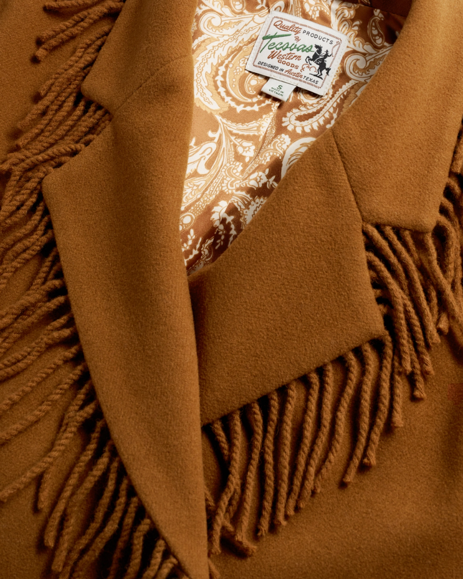 Closeup detail view of Women's Western Fringe Coat - Caramel