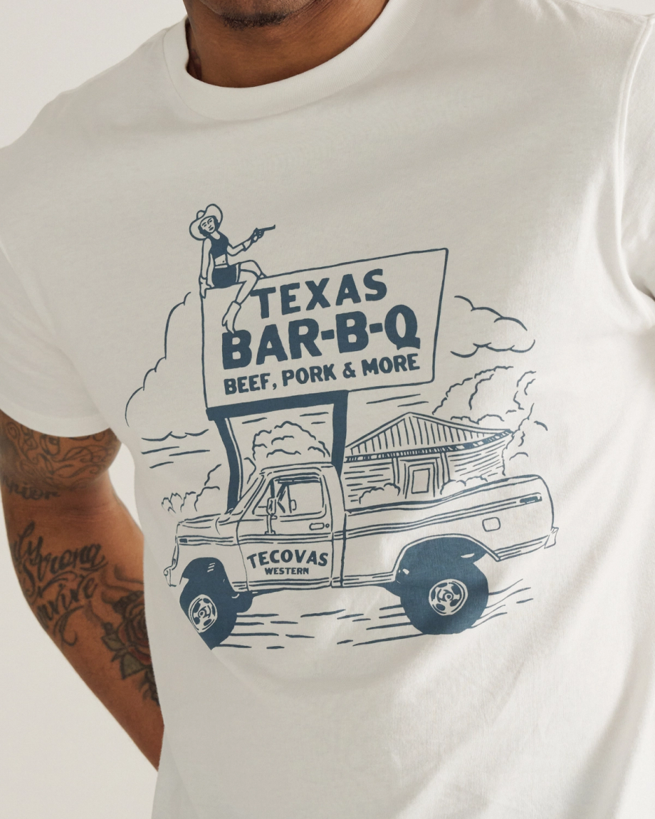 Front view of Men's Texas BBQ Tee - Bone / Blue on model