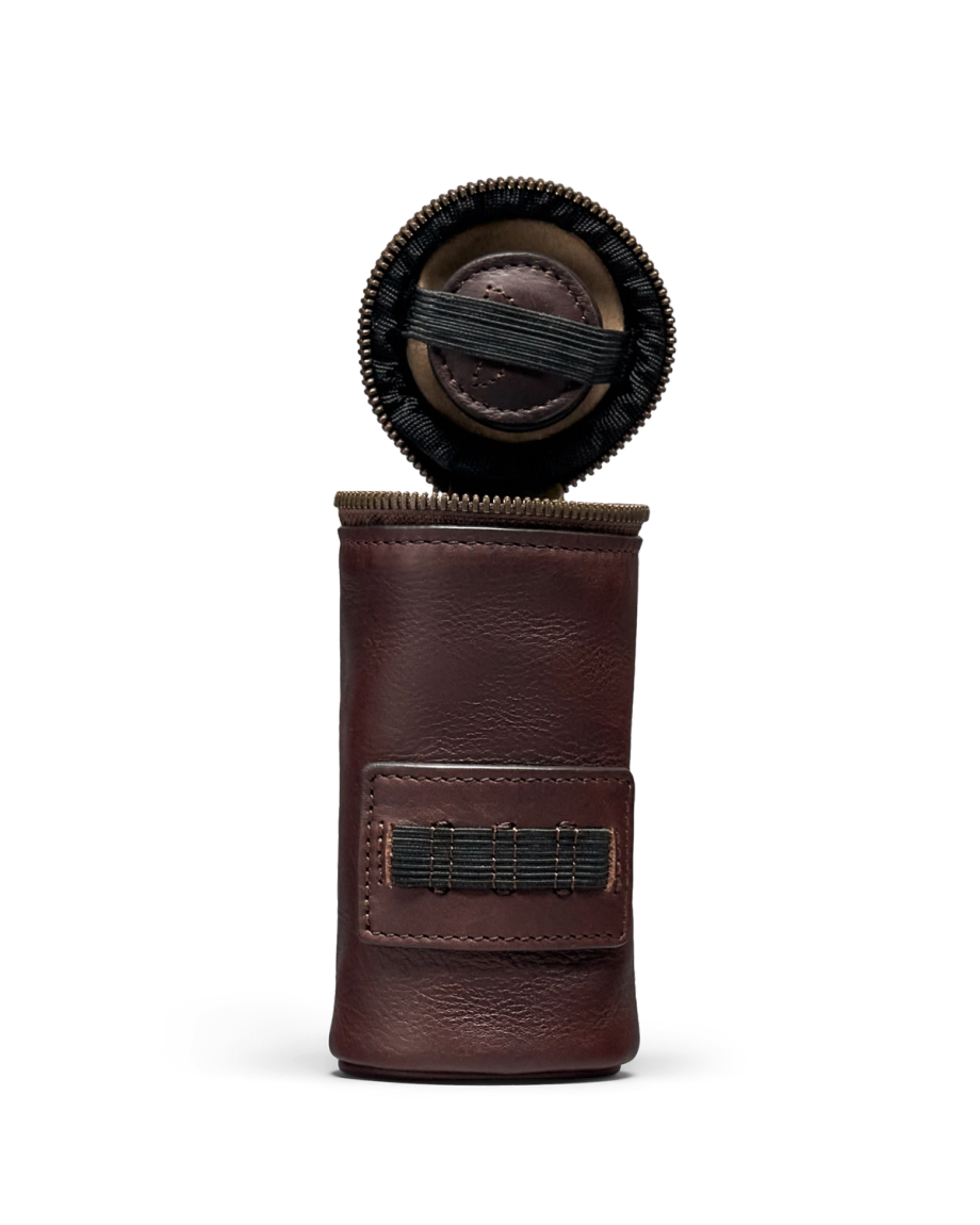 Front view of Leather Golfball & Tee Holder - Dark Chocolate on plain background