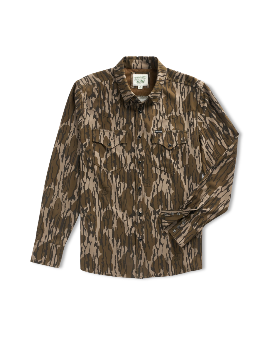 Front view of Men's Tecovas x Mossy Oak Performance Western - Original Bottomland on plain background