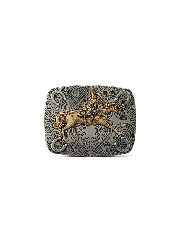 Front view of Cowboy Horseshoe Buckle - Dark Antique Nickel/Antique Brass on plain background
