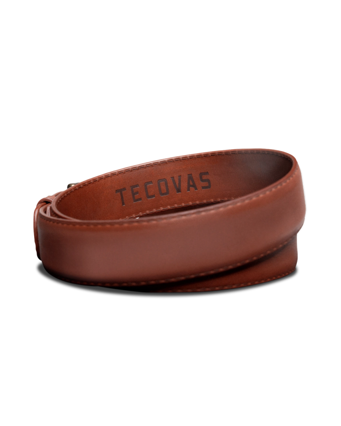 Back view of Men's Calfskin Belt II - Bourbon on plain background