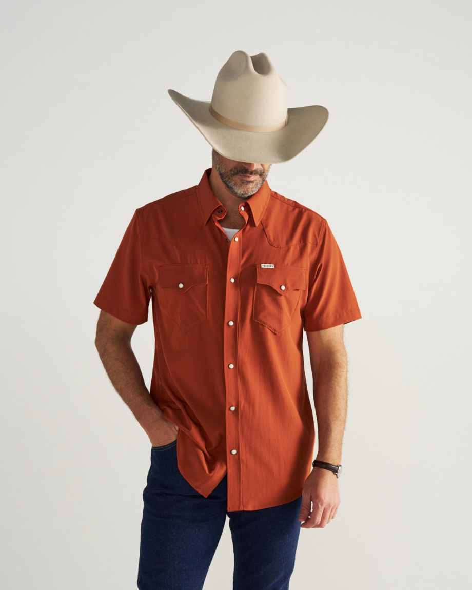 Closeup detail view of Men's Performance Western Pearl Snap SS - Orange Rust