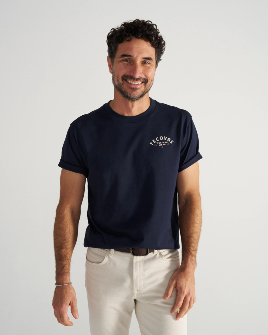 Front view of Men's Western Wear T-Shirt - Navy/Bone on model