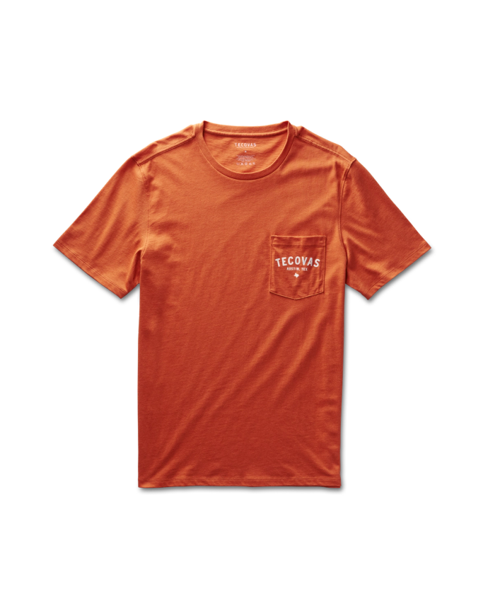 Flatlay image of the orange rust tecovas t shirt on a plain background