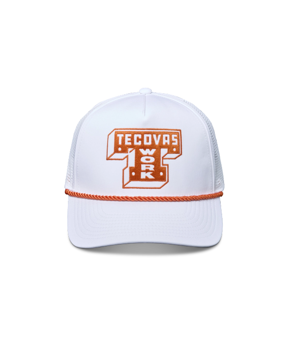 Front view of Tecovas Work Performance Trucker - Burnt Orange Polyester on plain background