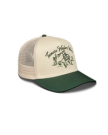 A beige and green trucker hat with mesh back, featuring an illustration of a cowboy on a horse and the text "Texas Western Wear" on the front.