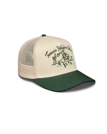 A beige and green trucker hat with mesh back, featuring an illustration of a cowboy on a horse and the text "Texas Western Wear" on the front.