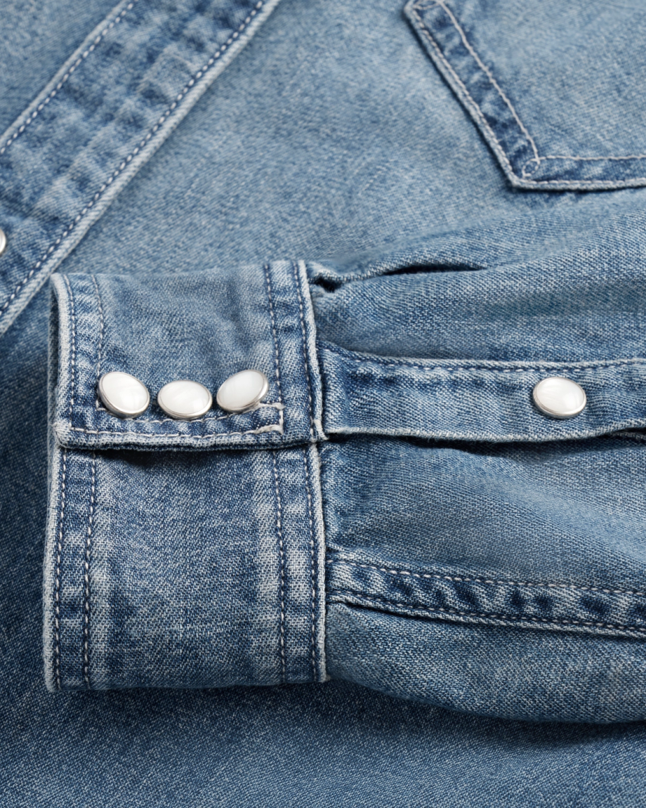 Closeup detail view of Women's Denim Pearl Snap (III) - Medium Wash