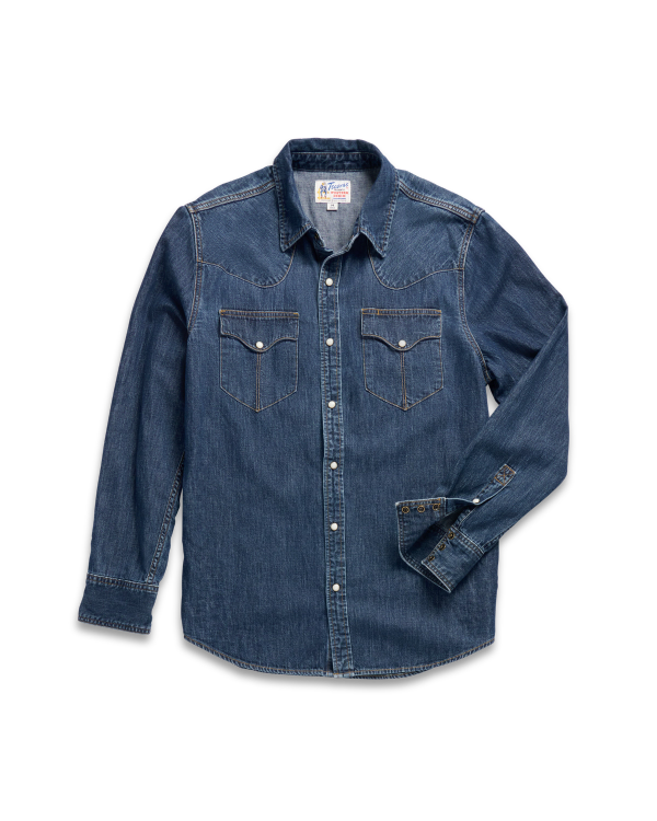 Closeup detail view of Men's Long Sleeve Denim Pearl Snap - Dark Wash