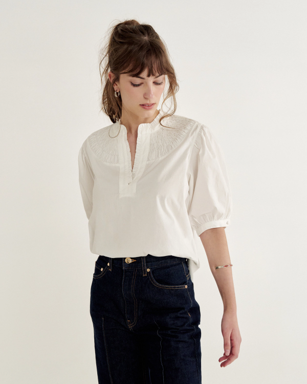 Front view of Women's Split Neck Top - White on model
