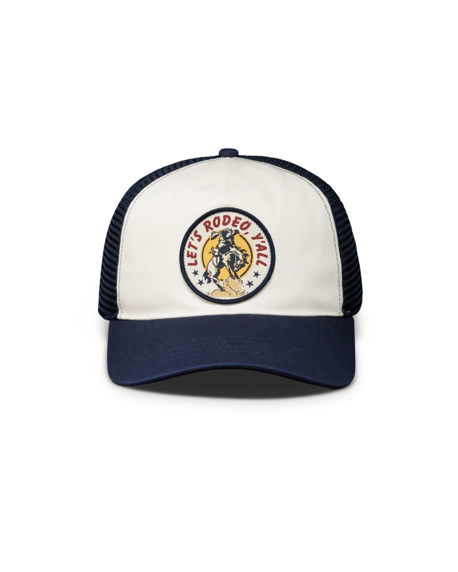 Front view of Let's Rodeo 5 Panel Low Pro Trucker - Navy / White on plain background