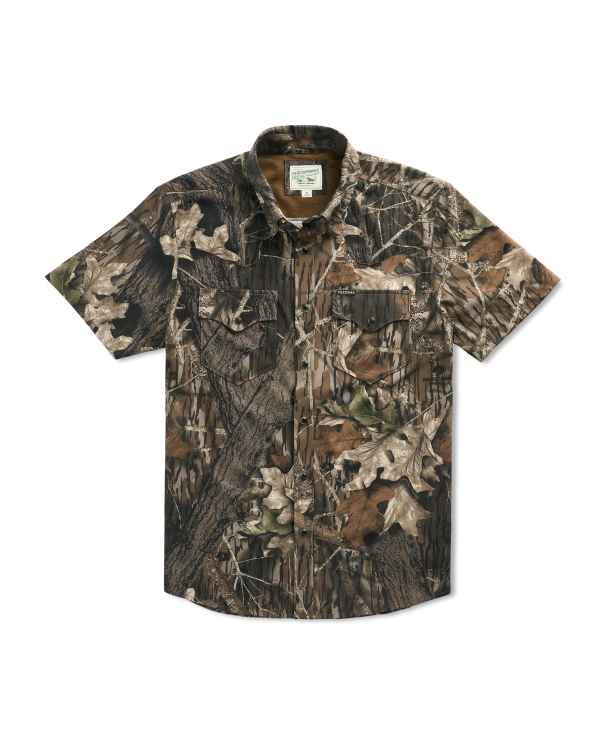 Short-sleeve button-up shirt with a brown and green camouflage pattern, displayed flat on a white background.