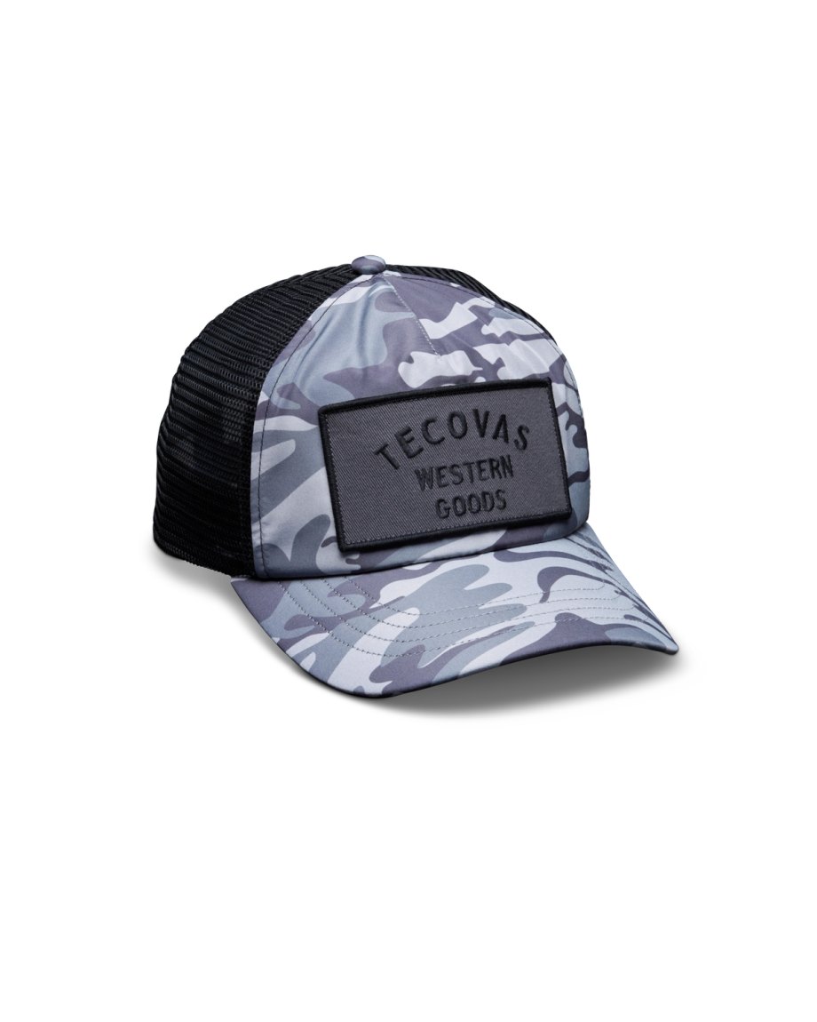 Quarterfront view of Western Goods 5-Panel Low Pro Trucker - Gray Camo on plain background
