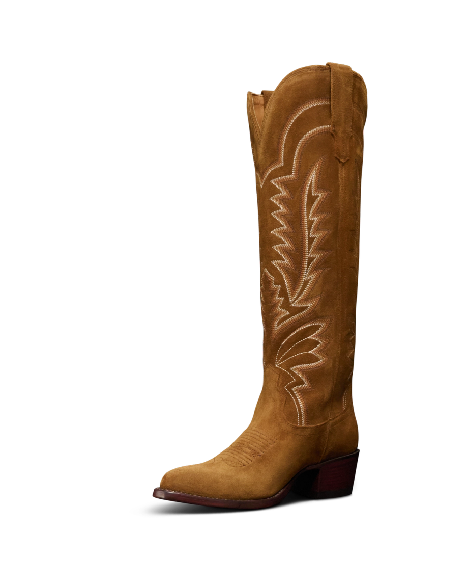 Quarterfront view of The Abby - Sienna Suede on plain background