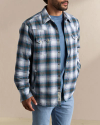 Closeup detail view of Men's Sawtooth Pearl Snap Shacket - Gray/Balsam Plaid