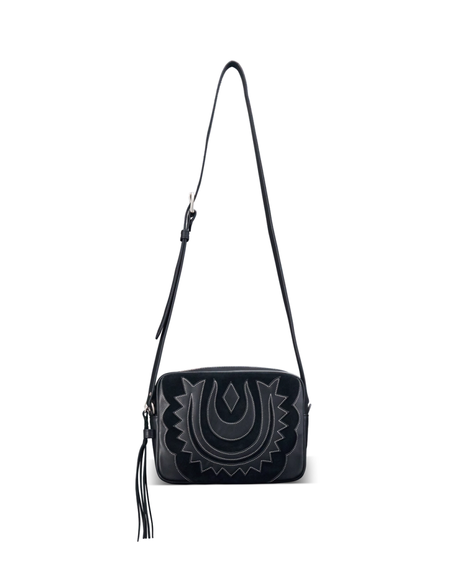 Front view of Horseshoe Topzip Crossbody - Black Cowhide on plain background