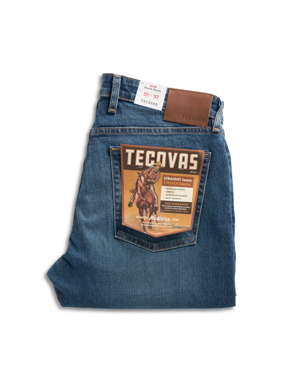 Folded view of Men's Straight Stretch Denim - Medium Dark on plain background