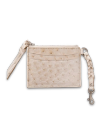 A beige ostrich leather card holder with visible texture, two card slots, a zipper, and a braided leather strap with a metal clasp.