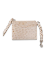 A beige ostrich leather card holder with visible texture, two card slots, a zipper, and a braided leather strap with a metal clasp.