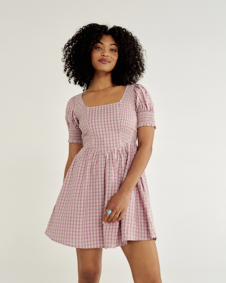 Front view of Women's Mini Dress - Purple on model