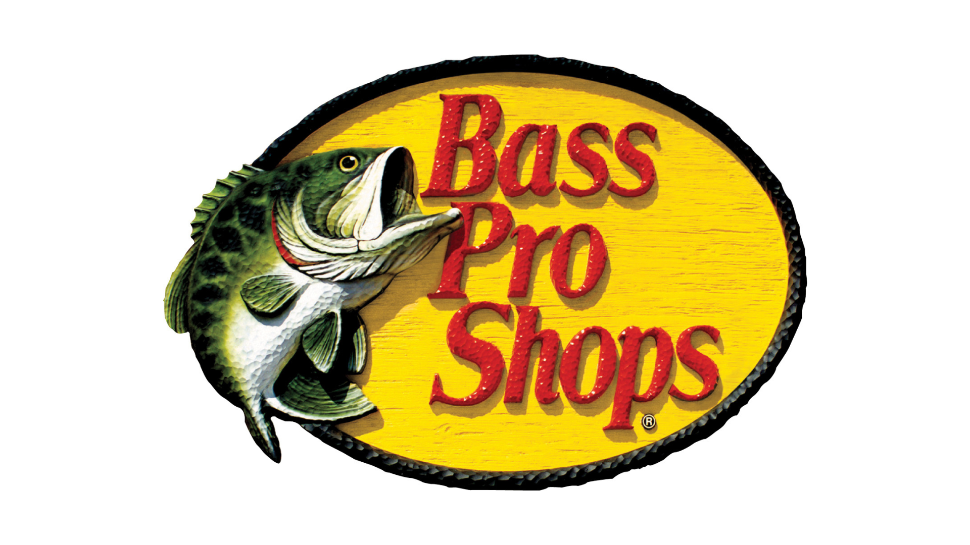 Bass Pro Shops logo featuring a largemouth bass and red text on a yellow oval background.