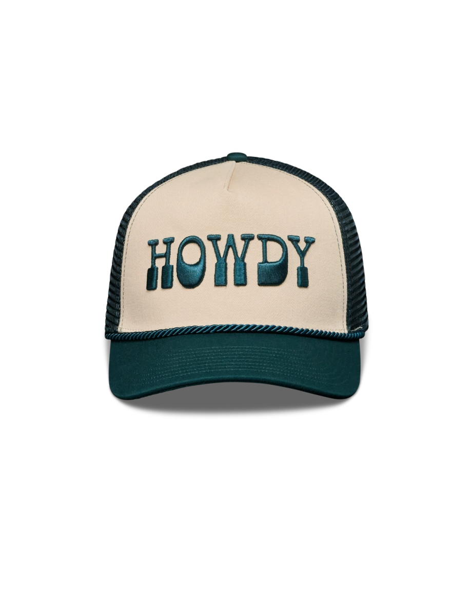 Front view of Howdy Trucker - White/Dark Teal on plain background