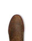 The Glen in Dustwood Roughout. Close-up of the toe area of The Glen Roughout brown suede boot with red stitching along the edge, shown against a white background.