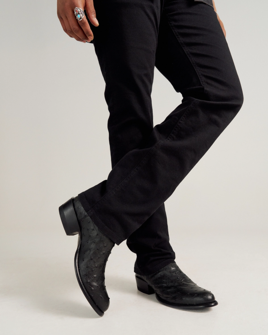 Tecovas MENS Wyatt Midnight Black Ostrich Cowboy Boot Tecovas Black Ostrich Boots The Wyatt In Forest/Black  main image 4