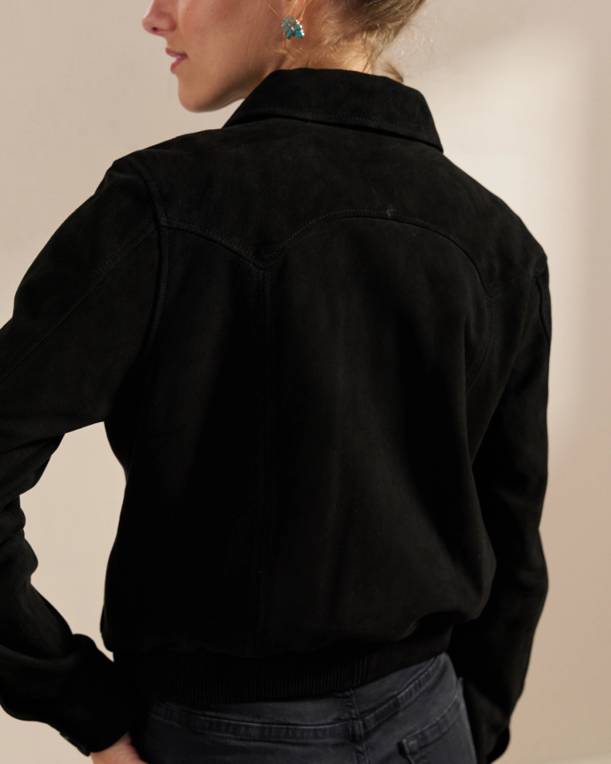 Back view of Women's Goat Suede Brush Jacket - Black on model