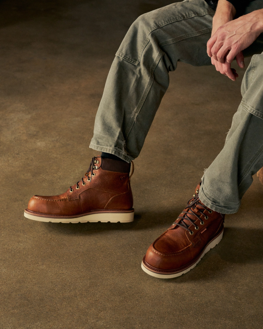 Toe view of The LH WP Moc Comp Toe Work Boot - Saddle Cowhide on plain background