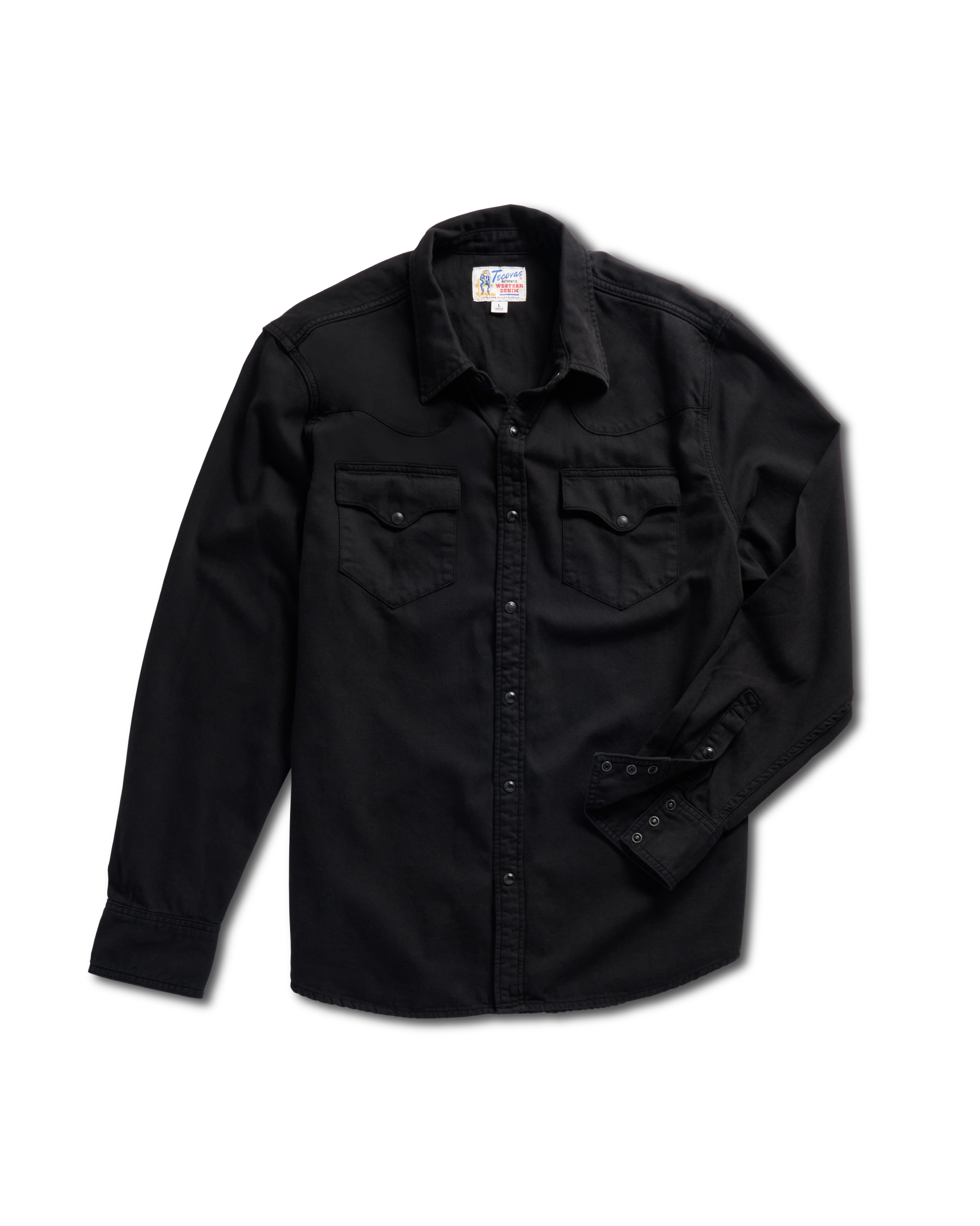 Closeup detail view of Men's Denim Long Sleeve Pearl Snap - Black