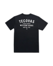 Black short-sleeve t-shirt featuring white text that reads "Tecovas maker of fine Western Goods Austin, Tex." on the back.