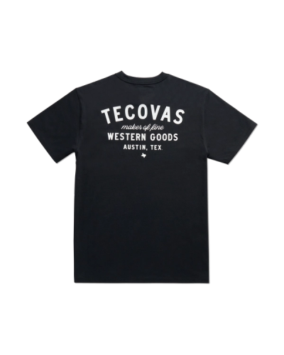 Black short-sleeve t-shirt featuring white text that reads "Tecovas maker of fine Western Goods Austin, Tex." on the back.