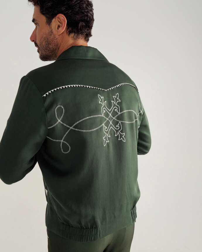 Back view of Men's Tecovas X H Bar C Birthday X Bolero Jacket - Green on model