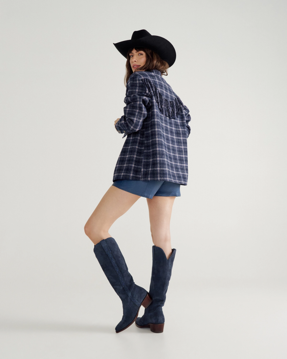 Full view of The Abby Cavalier - Eclipse Suede on model