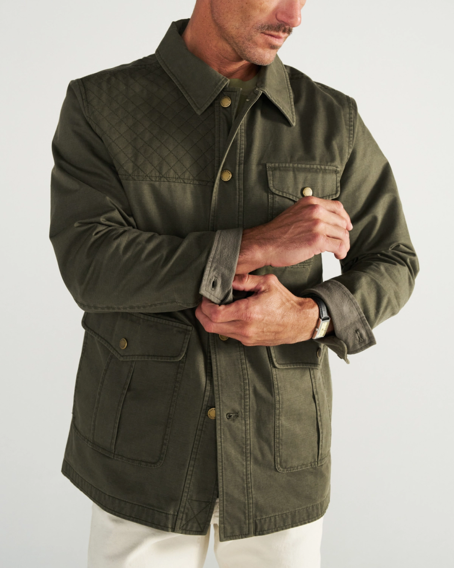 Front view of Men's Field Jacket - Dark Olive on model