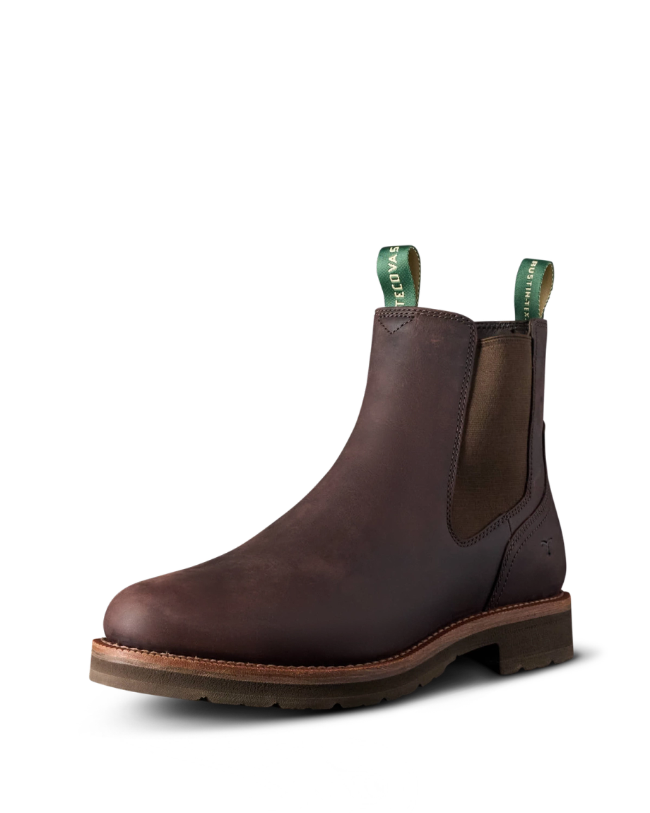 Quarterfront view of The Rugged Chelsea - Umber Cowhide on plain background