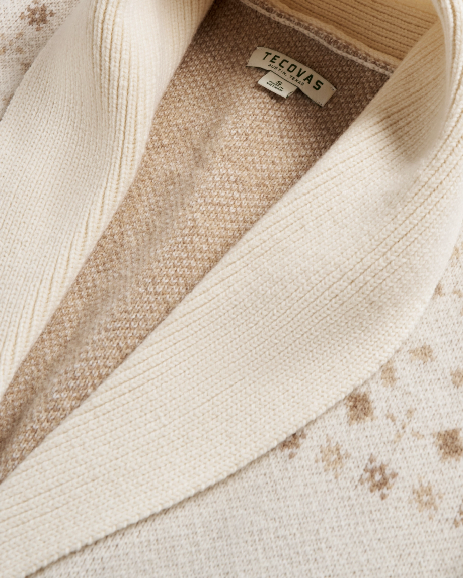Closeup detail view of Women's Shawl Collar Wrap Sweater - Cream / Tan