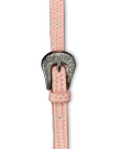 Close-up of a pink textured belt with an ornate silver buckle featuring an engraved floral pattern.