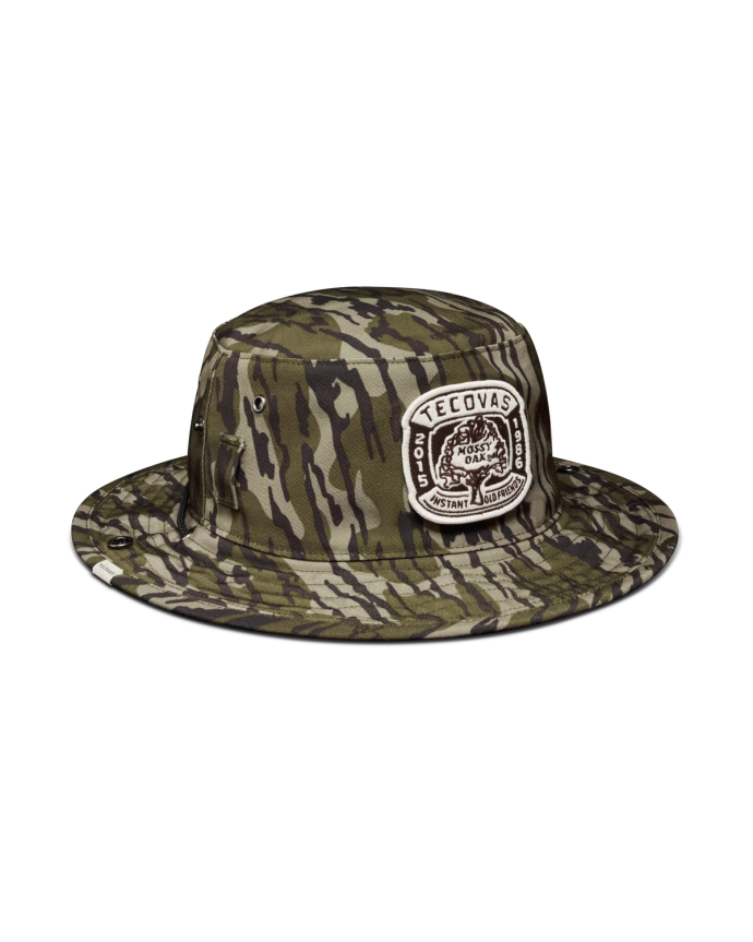 Quarterfront view of Tecovas x Mossy Oak Boonie Hat - MO Original Bottomland on plain background