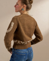 Back view of Women's Crew Neck Lucky Boots Sweater - Brown Heather/Oatmeal on model