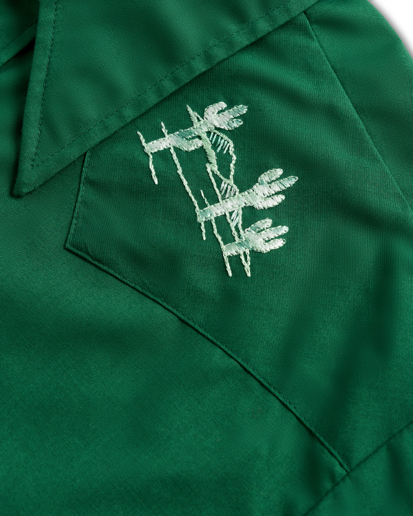 Closeup detail view of Tecovas x Cathy Hahn Men’s Vintage Embroidered Pearl Snap - Cactus Green