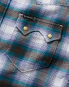 Closeup detail view of Men's Sawtooth Pearl Snap Shacket - Gray/Balsam Plaid