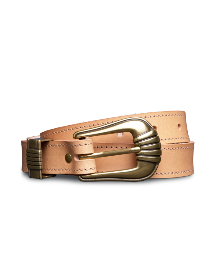 Coiled image of the women's art deco belt in tan on a plain background