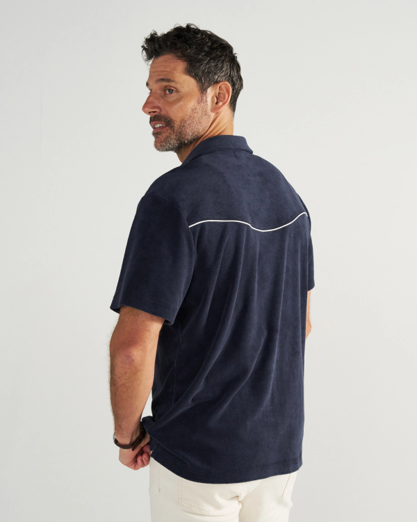 Closeup detail view of Men's Terry Pearl Snap - Navy